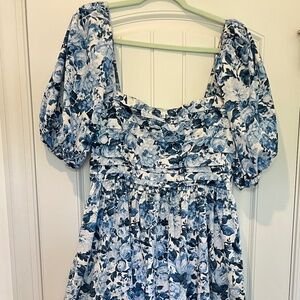 Abercrombie & Fitch Emerson Puff Sleeve Midi Dress – Blue & White Floral Size L